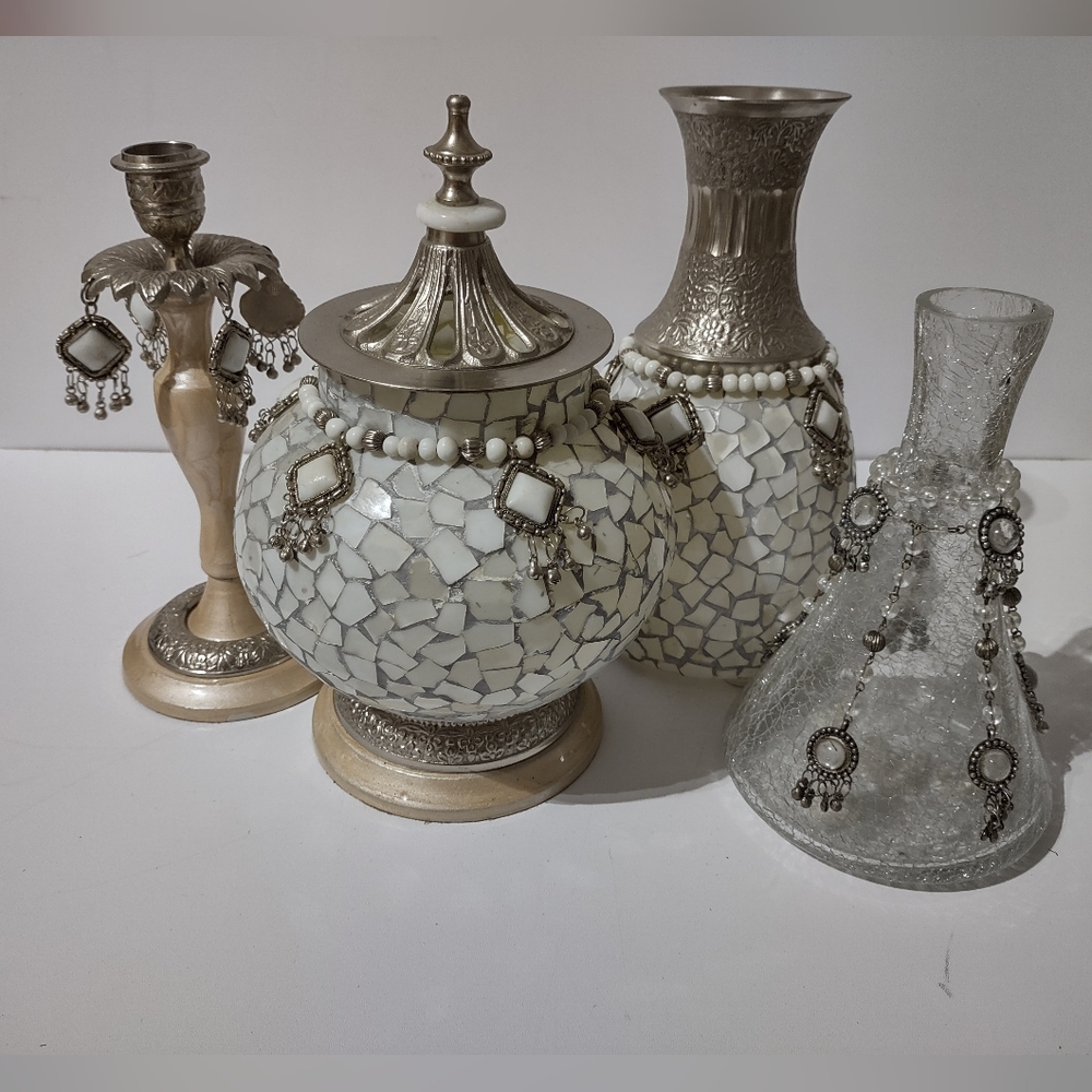 Glass Vase Jar Candle Holder Home Decor 4 Pc Set. Bead Bell Sliver Cream Mosaic